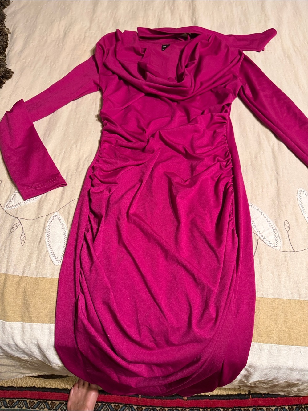 SHEIN Magenta Ruched Long-Sleeve Cowl Neck Dress